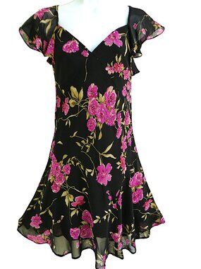 Vintage Alex Evenings Black Pink Floral Beaded Dress Bias Cut Sweetheart V-Waist
